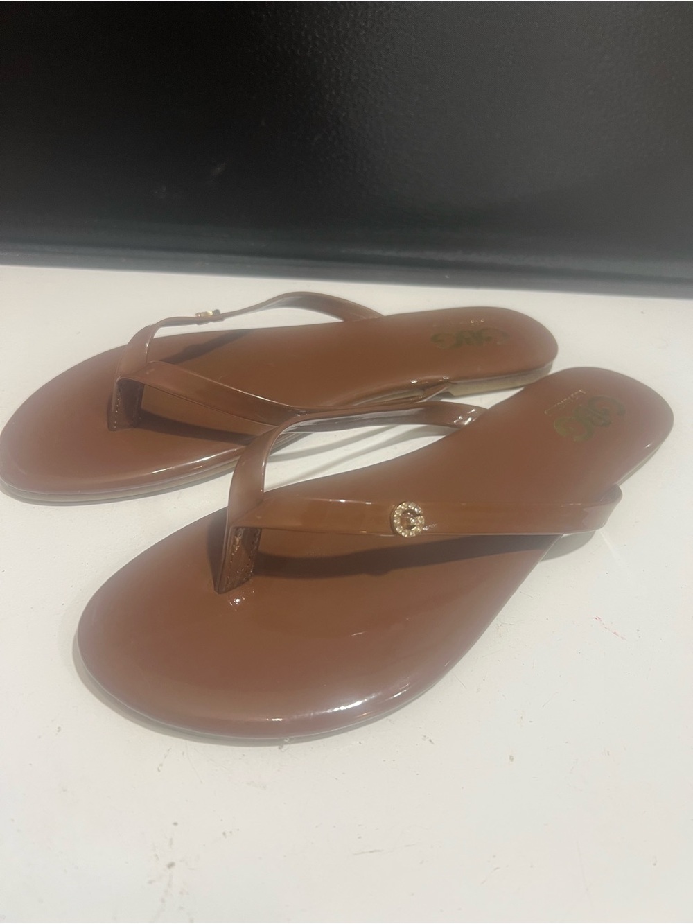 Guess Brown Patent Leather Sandal with G Logo Charm w/ Rhinestones